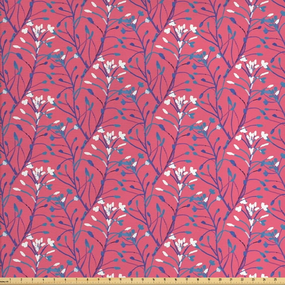 Botany Fabric by the Yard, Retro Spring Blossoms Watercolor Flower Leaves Vivid Colors Print, Decorative Upholstery Fabric for Chairs & Home Accents, Sea Blue Fuchsia by Ambesonne