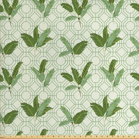 Ambesonne Retro Fabric by the Yard Upholstery, Palm Leaves Geometric, 2 Yards, Olive Green Cream