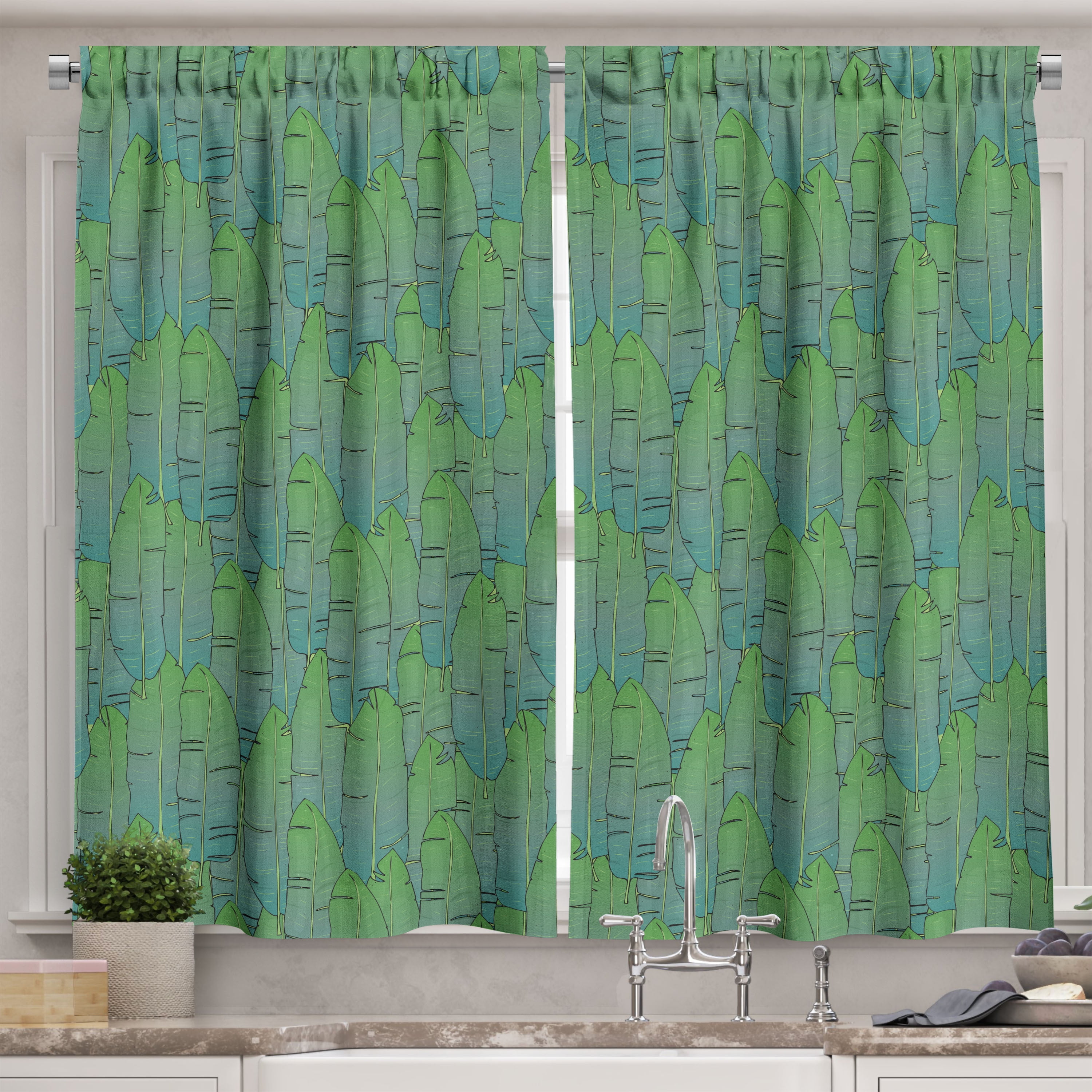 Botany Kitchen Curtains, Tropical Palm Leaves Gradient Green Tones