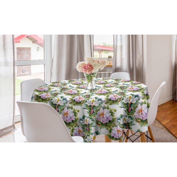 Botany Round Tablecloth, Soft Colored Flowers with Multiple Petals Aquarelle Effect Swirly Leaves Repeating, Circle Table Cloth Cover for Dining Room Kitchen Decor, 60", Multicolor, by Ambesonne