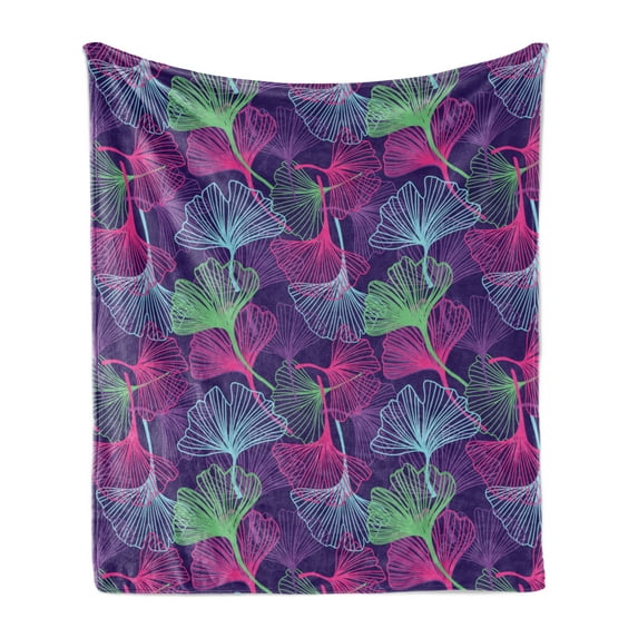 Botany Soft Flannel Fleece Blanket, Tropical Ginkgo Leaves Motif in Digital Colorful Toned Herbs Graphic, Cozy Plush for Indoor and Outdoor Use, 50" x 70", Purple Magenta and Green, by Ambesonne