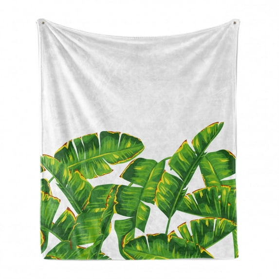 Botany Soft Flannel Fleece Blanket, Vibrant Tropical Climate Large Leaves Habitat Summer Desert Foliage Image, Cozy Plush for Indoor and Outdoor Use, 50" x 60", Hunter Green Yellow, by Ambesonne