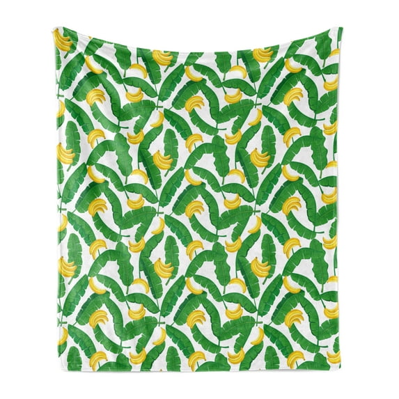 Botany Soft Flannel Fleece Throw Blanket, Banana with Giant Tropical Palm Leaves Seasonal Nature Graphic, Cozy Plush for Indoor and Outdoor Use, 50" x 70", Hunter Green Yellow, by Ambesonne