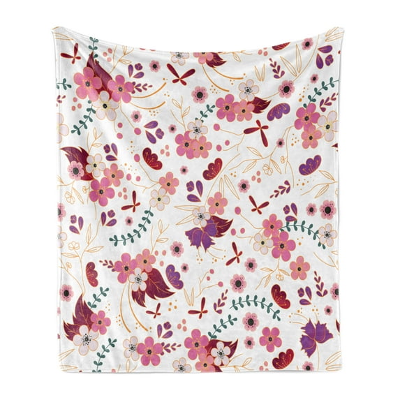 Botany Soft Flannel Fleece Throw Blanket, Cartoon Design Pattern of Spring Floweret and Blooming Branches Repetition Print, Cozy Plush for Indoor and Outdoor Use, 60" x 80", Multicolor, by Ambesonne