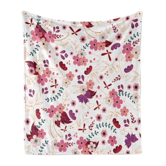 Botany Soft Flannel Fleece Throw Blanket, Cartoon Design Pattern of Spring Floweret and Blooming Branches Repetition Print, Cozy Plush for Indoor and Outdoor Use, 70" x 90", Multicolor, by Ambesonne