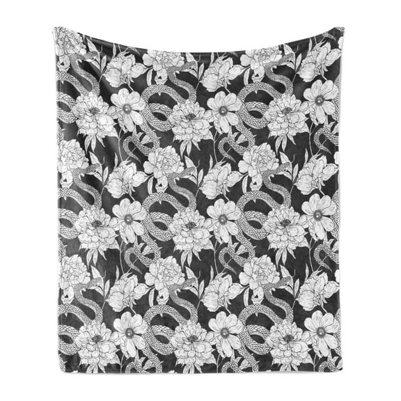 Botany Soft Flannel Fleece Throw Blanket, Uncolored Wild Flower Blooming Petals with Snakes Spring Image, Cozy Plush for Indoor and Outdoor Use, 50" x 70", Charcoal Grey and White, by Ambesonne