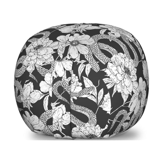 Botany Storage Toy Bag Chair, Uncolored Wild Flower Blooming Petals with Snakes Spring Image, Stuffed Animal Organizer Washable Bag, Small Size, Charcoal Grey and White, by Ambesonne
