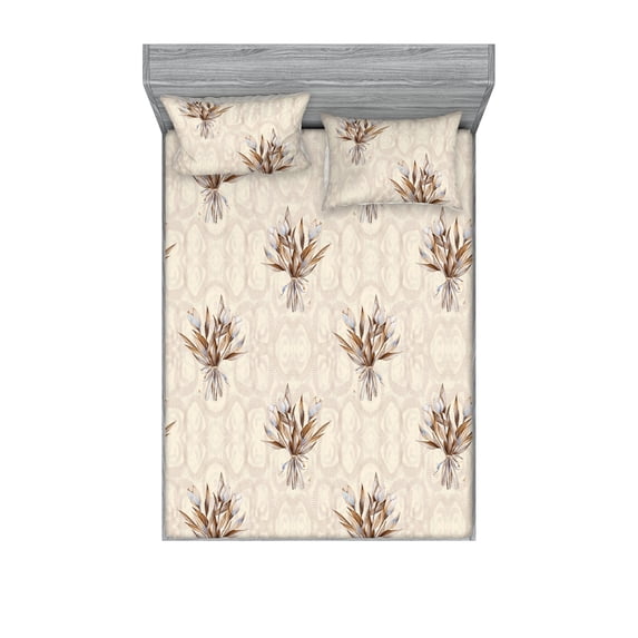 Botany Themed Fitted Sheet & Pillow Sham Set, Romantic Bouquet of Blooming Flowers Pattern on Abstract Boho Art, Decorative Printed 3 Piece Bedding Decor, King, Eggshell Dark Mustard, by Ambesonne