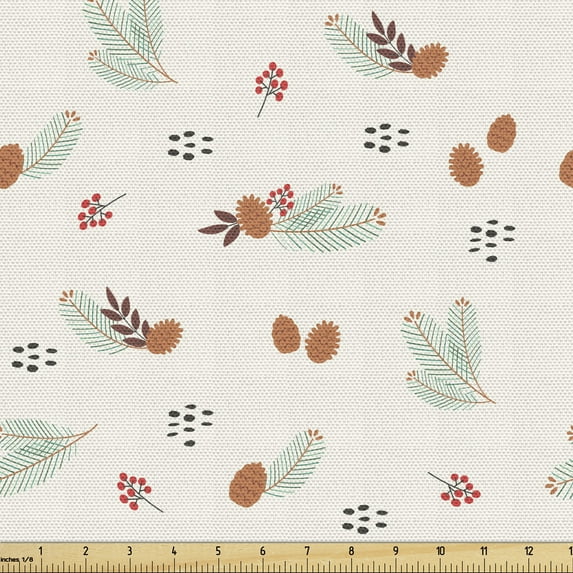 Botany Upholstery Fabric by the Yard, Continuous Pattern of Pine Branches Berries and Cones, Decorative Fabric for DIY and Home Accents, Off White Multicolor by Ambesonne