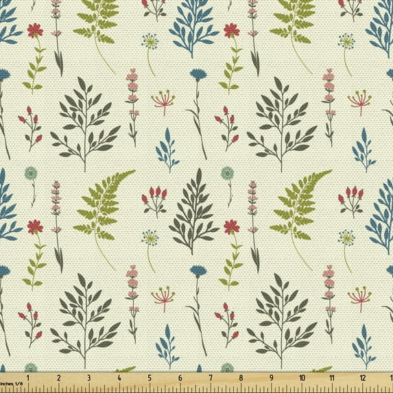 Botany Upholstery Fabric by the Yard, Rhythmic Chamomile Fern Leaves Herbs Motifs Print on Pastel Colored Background, Decorative Fabric for DIY and Home Accents, Cream Multicolor by Ambesonne