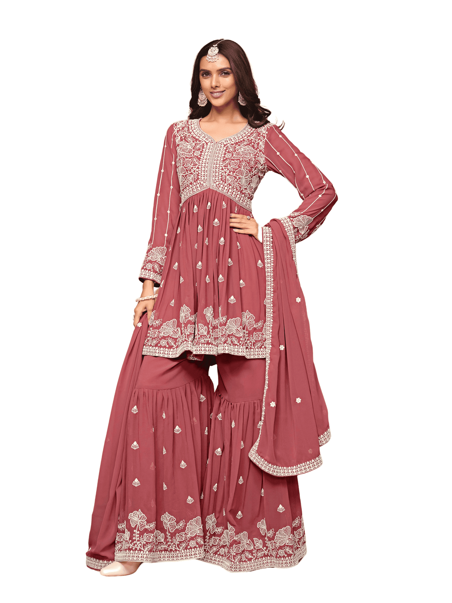 Georgette Sequence work Party Wear Kurti Sharara Dupatta Set
