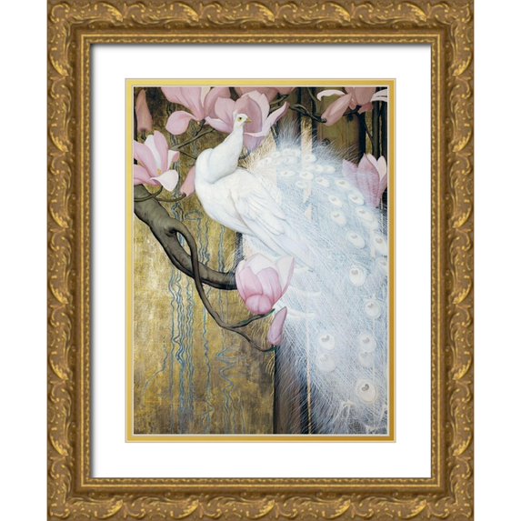 Botke, Jessie 25x32 Gold Ornate Wood Framed with Double Matting Museum Art Print Titled - Peacock with Magnolia