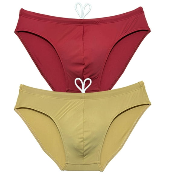 Botmois 2 PACK Beach Brief Men's Swimwear Drawstring Male Low-rise Swim Bikini Enhancing Pouch Surfing Underpants Lined Front 2P-camel/flesh X