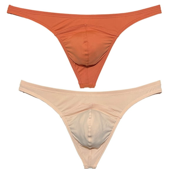 Botmois 2 PACK Men's Bikini T-back Underwear Male Low-rise Thong Briefs Bulge Pouch Soft Beach Tangas Silky Solid 2P-caramel/light flesh L