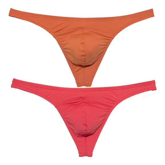 Botmois 2 PACK Men's Bikini T-back Underwear Male Low-rise Thong Briefs Bulge Pouch Soft Beach Tangas Silky Solid 2P-caramel/red brown M