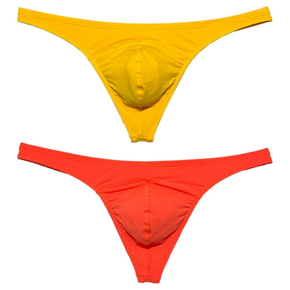 Botmois 2 PACK Men's Bikini T-back Underwear Male Low-rise Thong Briefs Bulge Pouch Soft Beach Tangas Silky Solid 2P-dark yellow/orange L