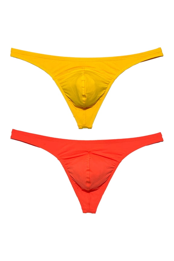 2 PACK Men's Bikini T-back Underwear Male Low-rise Thong Briefs Bulge Pouch Soft Beach Tangas Silky Solid 2P-dark yellow/orange L