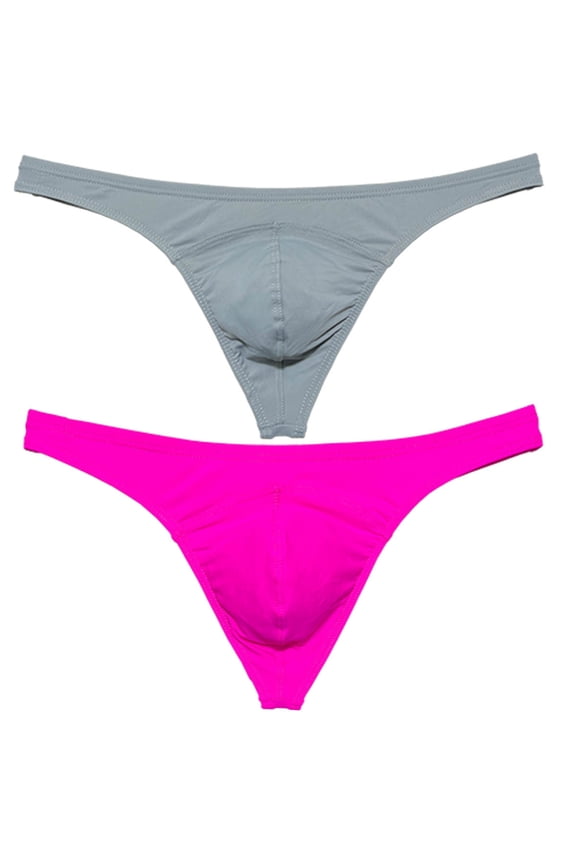 2 PACK Men's Bikini T-back Underwear Male Low-rise Thong Briefs Bulge Pouch Soft Beach Tangas Silky Solid 2P-gray/pink-M