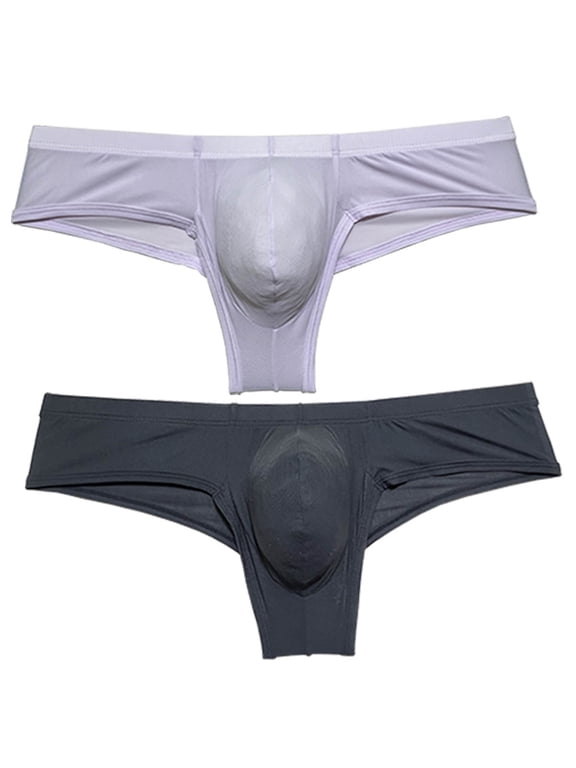 2 PACK Men's Low-rise Briefs Ice Silk Brazil Underwear Male Bikini Underpants Ultrathin Soft Comfortable Sexy Beach Shorts 2P-gray purple/balck M