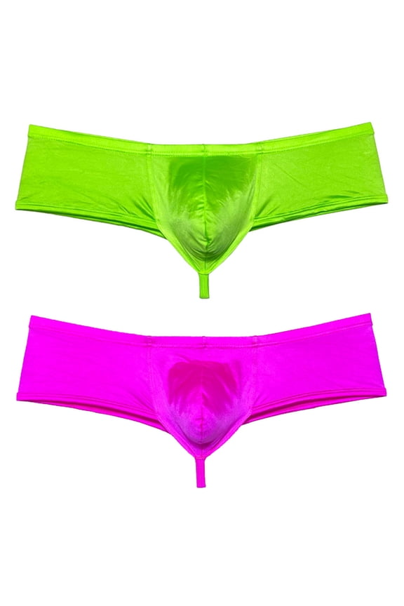 2PCS/Pack Men's Solid Boxer Briefs Low Rise Shiny Thongs Underwear Half Hip Pouch Tangas Mini Beach Bikini Apple Green+Neon Pink X
