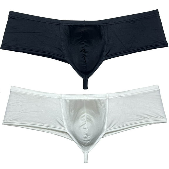 Botmois 2PCS/Pack Men's Solid Boxer Briefs Low Rise Shiny Thongs Underwear Half Hip Pouch Tangas Mini Beach Bikini Black White L