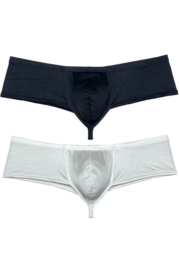 2PCS/Pack Men's Solid Boxer Briefs Low Rise Shiny Thongs Underwear Half Hip Pouch Tangas Mini Beach Bikini Black+White L