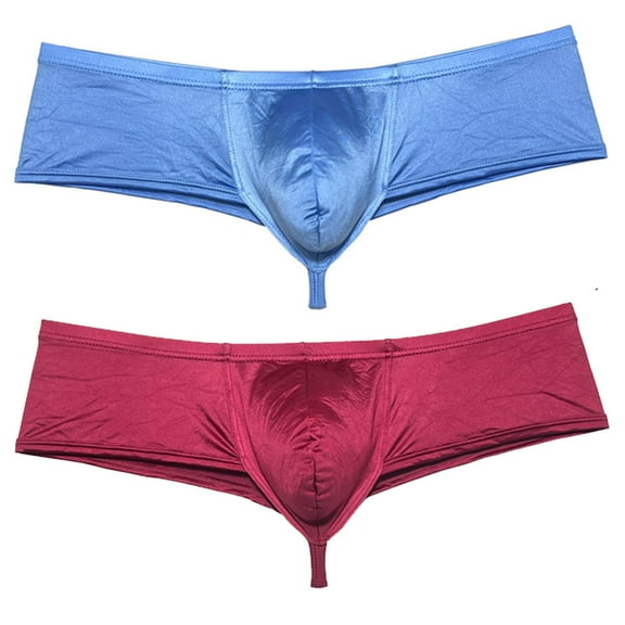 Botmois 2PCS/Pack Men's Solid Boxer Briefs Low Rise Shiny Thongs Underwear Half Hip Pouch Tangas Mini Beach Bikini Blue Gray+Wine Red M