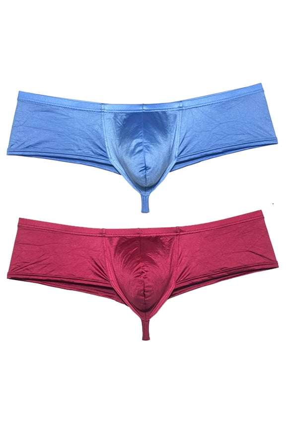 2PCS/Pack Men's Solid Boxer Briefs Low Rise Shiny Thongs Underwear Half Hip Pouch Tangas Mini Beach Bikini Blue Gray+Wine Red M