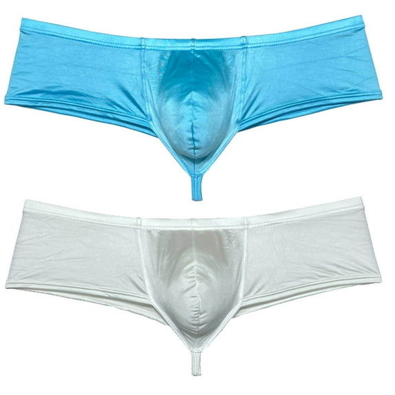 Botmois 2PCS/Pack Men's Solid Boxer Briefs Low Rise Shiny Thongs Underwear Half Hip Pouch Tangas Mini Beach Bikini Light Blue+White X