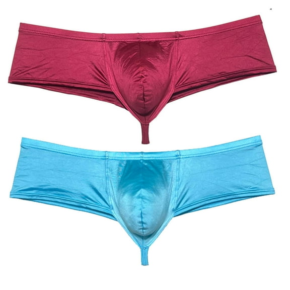 Botmois 2PCS/Pack Men's Solid Boxer Briefs Low Rise Shiny Thongs Underwear Half Hip Pouch Tangas Mini Beach Bikini Wine Red Light Blue L