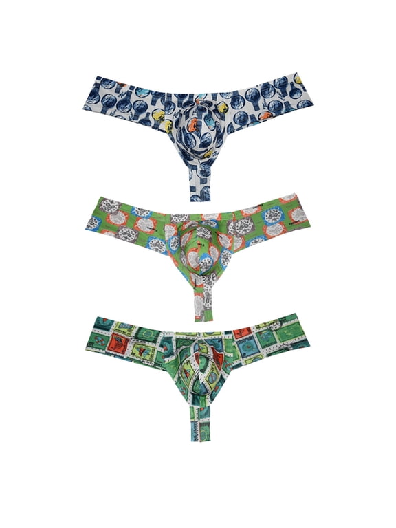 3PACK Men's Print Mini Boxer Briefs Spandex Hipster Bikini Bottoms Pouch Thongs Underwear Low Rise Tangas Micro Pants Bathing G-String Underpants 3P L