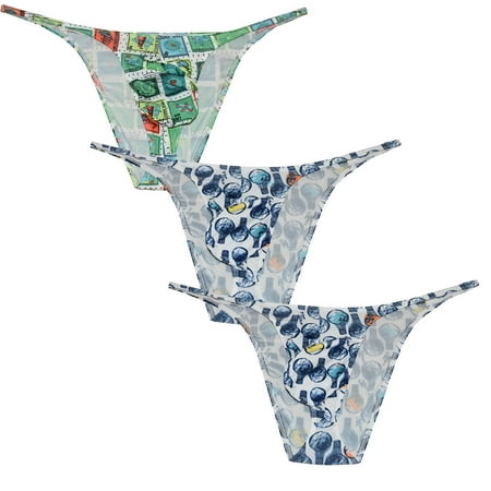 Botmois 3PACK Men's Print String Briefs Spandex Bikini Bottoms Pouch Thongs Underwear Low Rise Tangas Bathing G-String Underpants 3SLL L