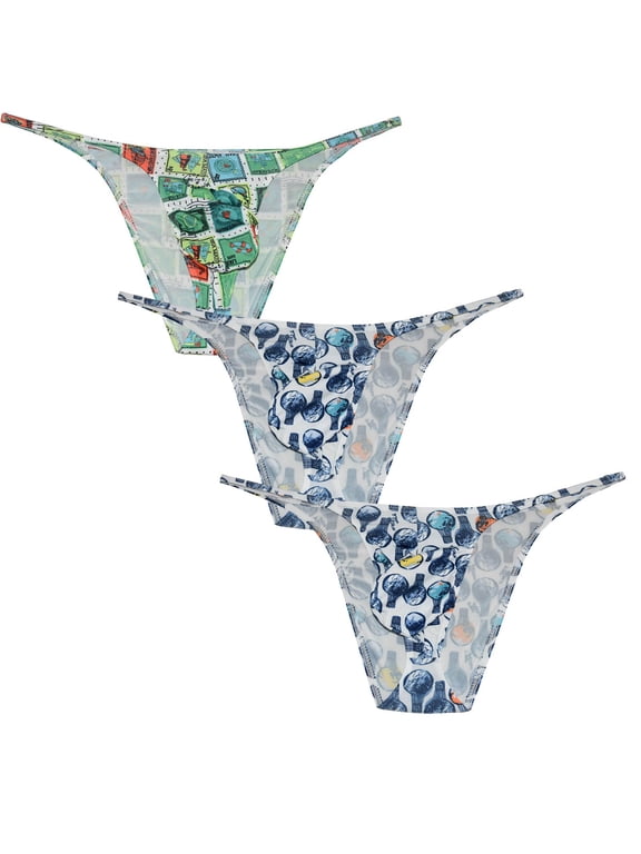 3PACK Men's Print String Briefs Spandex Bikini Bottoms Pouch Thongs Underwear Low Rise Tangas Bathing G-String Underpants 3SLL L