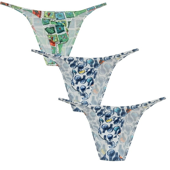 Botmois 3PACK Men's Print String Briefs Spandex Bikini Bottoms Pouch Thongs Underwear Low Rise Tangas Bathing G-String Underpants 3SLL M