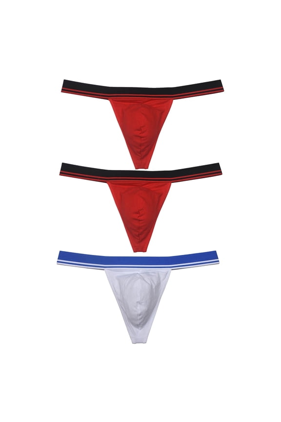 3pack Men's Spandex Mini Briefs Elastic Waistband Soft Thongs Low-rise T-back Bikini Underwear Comfortable Tangas Underpants White+Red+Light Pink M