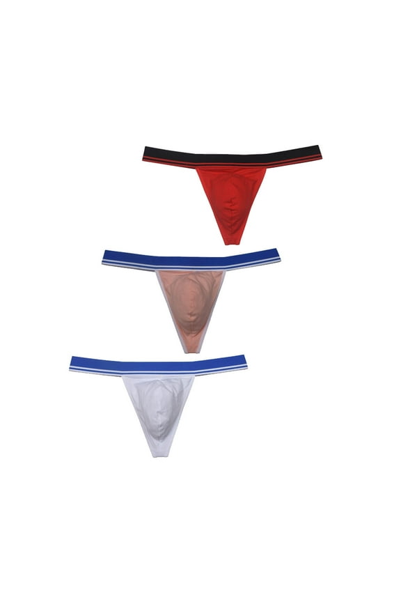 3pack Men's Spandex Mini Briefs Elastic Waistband Soft Thongs Low-rise T-back Bikini Underwear Comfortable Tangas Underpants White+Red+Light Pink M