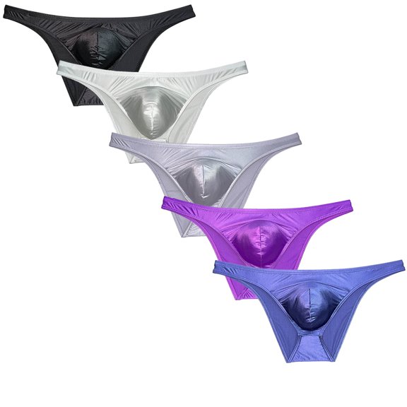 Botmois 5 PACK Men's Low-rise Triangle Briefs Dropped Pouch Thongs Shiny Mini Bikini Trunks Underwear Ultrathin Tangas Soft Comfortable Underpants 5TS M
