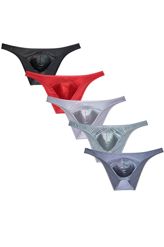 5 PACK Men's Low-rise Triangle Briefs Dropped Pouch Thongs Shiny Mini Bikini Trunks Underwear Ultrathin Tangas Soft Comfortable Underpants 5TA M