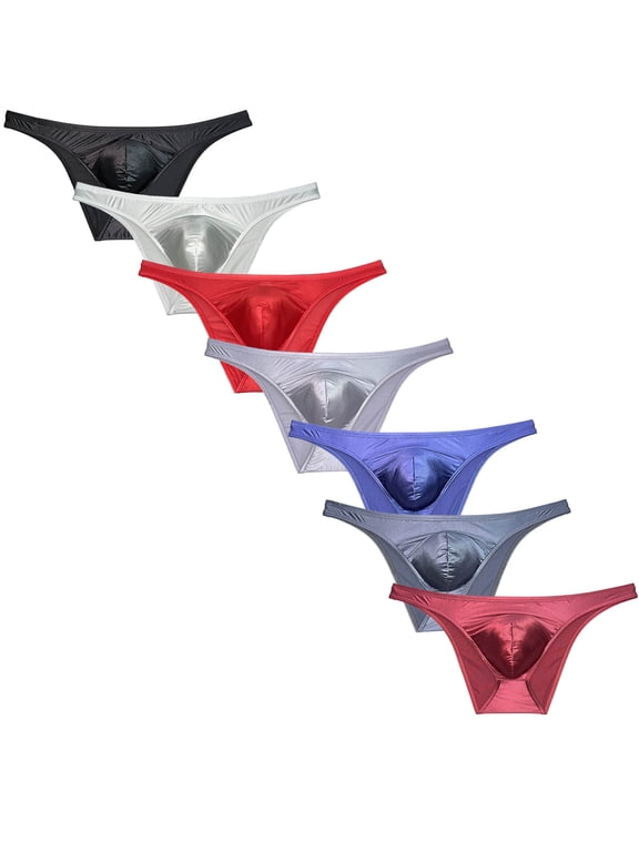 7 PACK Men's Low-rise Triangle Briefs Dropped Pouch Thongs Shiny Mini Bikini Trunks Underwear Ultrathin Tangas Soft Comfortable Underpants 7YW L