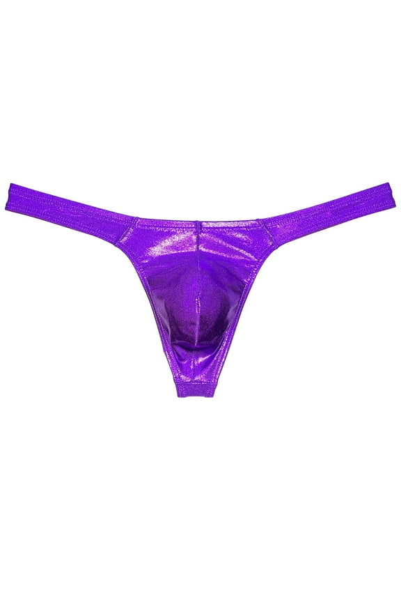 Men Gloss Bikini Thong Underwear Elastic Bulge Pouch Underpants Classics Wet Look T-back Purple M