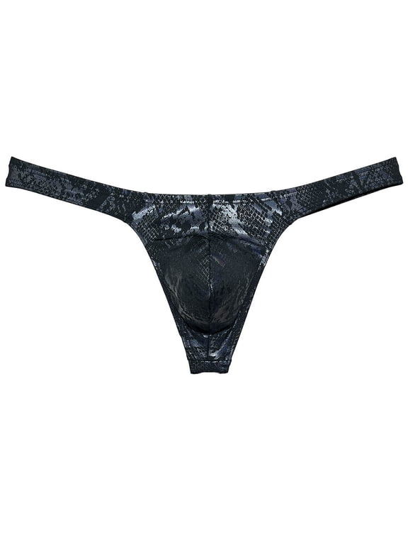 Men Gloss Bikini Thong Underwear Elastic Bulge Pouch Underpants Classics Wet Look T-back Python Black XL