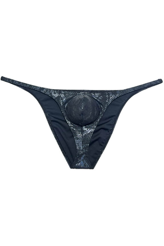 Men Gloss Underwear Elastic Sex Swim Trunks Pouch Briefs Cheek Underpant Python Black M