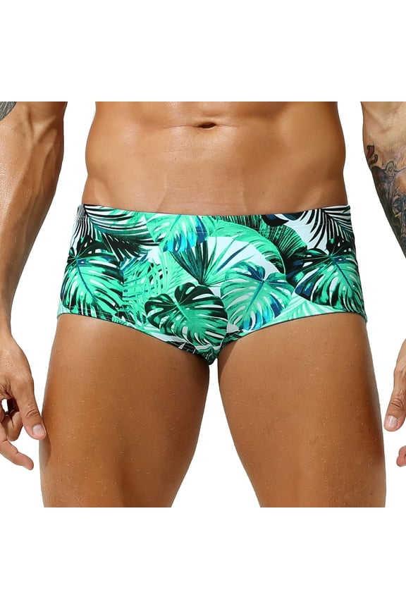 Men Print Swim Boxer Briefs Drawstring Waistband Bikini Trunks Soft Swim Briefs Comfortable Tangas Quick-dry Micro Bathing Suit Green Monstera L