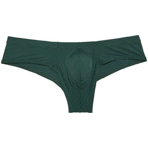 Botmois Men Stripe Thin Ice Silk Bikini Briefs Panties Enhance Pouch Underwear Underpants Dark Green L
