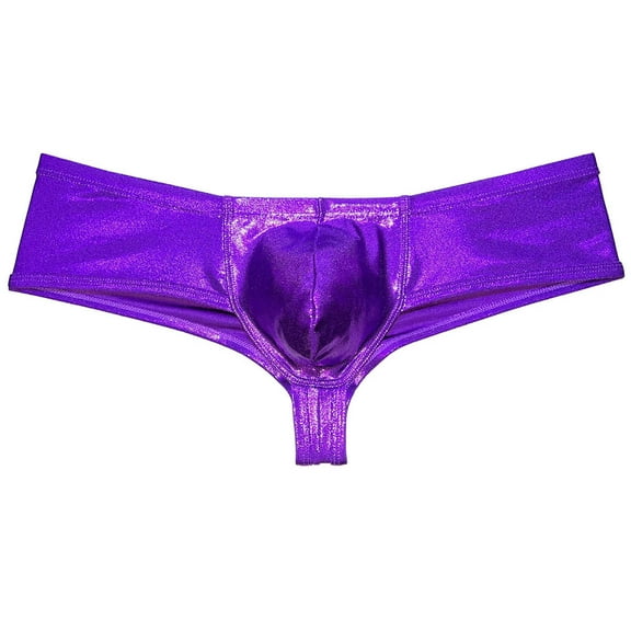 Botmois Men Wet Look Brazilian Bikini Underwear Cheek Underpant Pouch Briefs Hipster Trunks Purple L