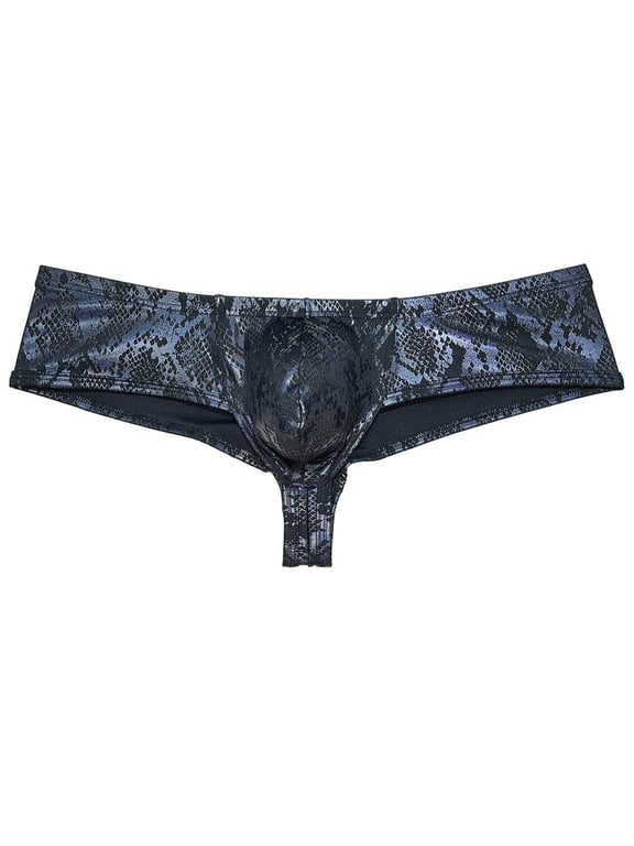 Men Wet Look Brazilian Bikini Underwear Cheek Underpant Pouch Briefs Hipster Trunks Python Black XL