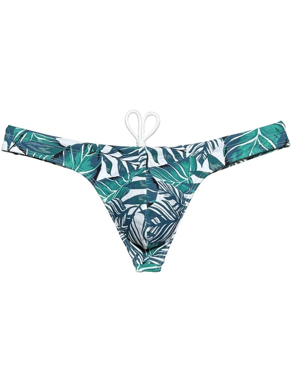 Men's Bikini Briefs Drawstring Swimwear Swim Thong Underwear Enhancing Pouch Beach Swimsuit Quick-dry Printed Konjac Leaf L