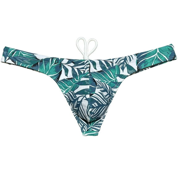 Botmois Men's Bikini Briefs Drawstring Swimwear Swim Thong Underwear Enhancing Pouch Beach Swimsuit Quick-dry Printed Konjac Leaf XL