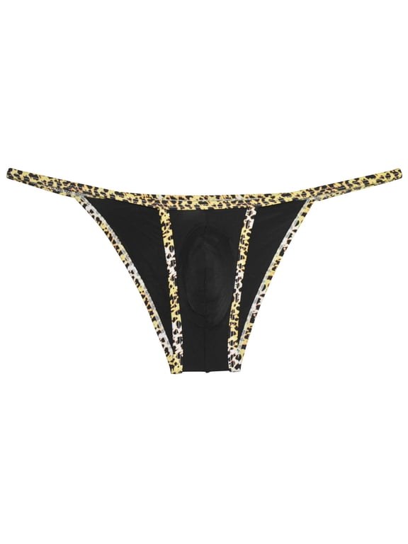 Men's Leopard Bordered Ice Silk Bikini G-String Underwear Sexy Lingerie Posing Jockstrap Hipster Thong Stretchy Soft Fabric Black L