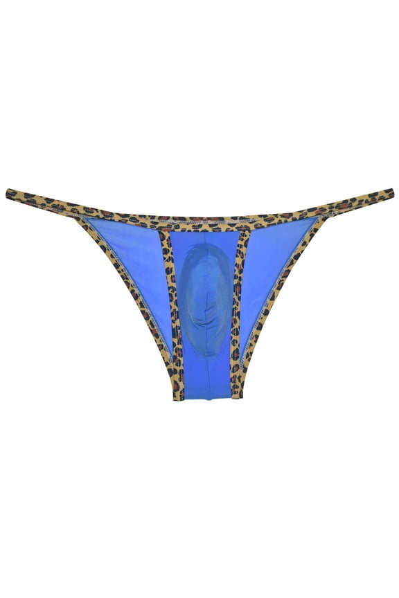Men's Leopard Bordered Ice Silk Bikini G-String Underwear Sexy Lingerie Posing Jockstrap Hipster Thong Stretchy Soft Fabric Blue M